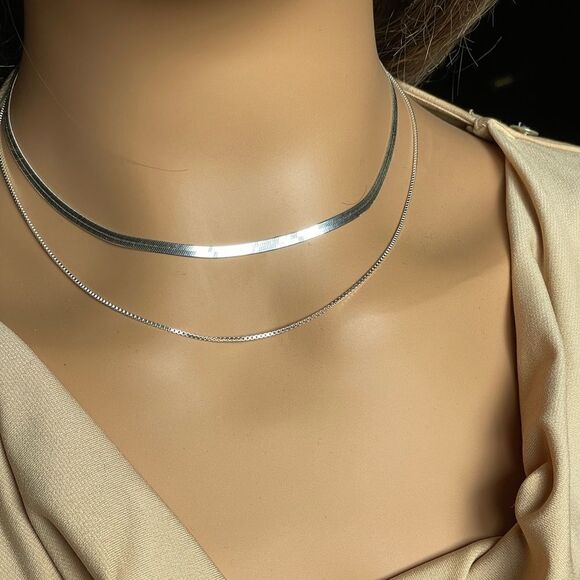 NEW 925 Sterling Silver Herringbone Snake Box Chain Necklace Set - Picture 2 of 9